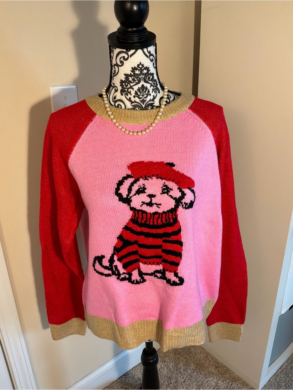 St. John’s Bay Women's Pink & Red Dog Graphic Sweater NWT